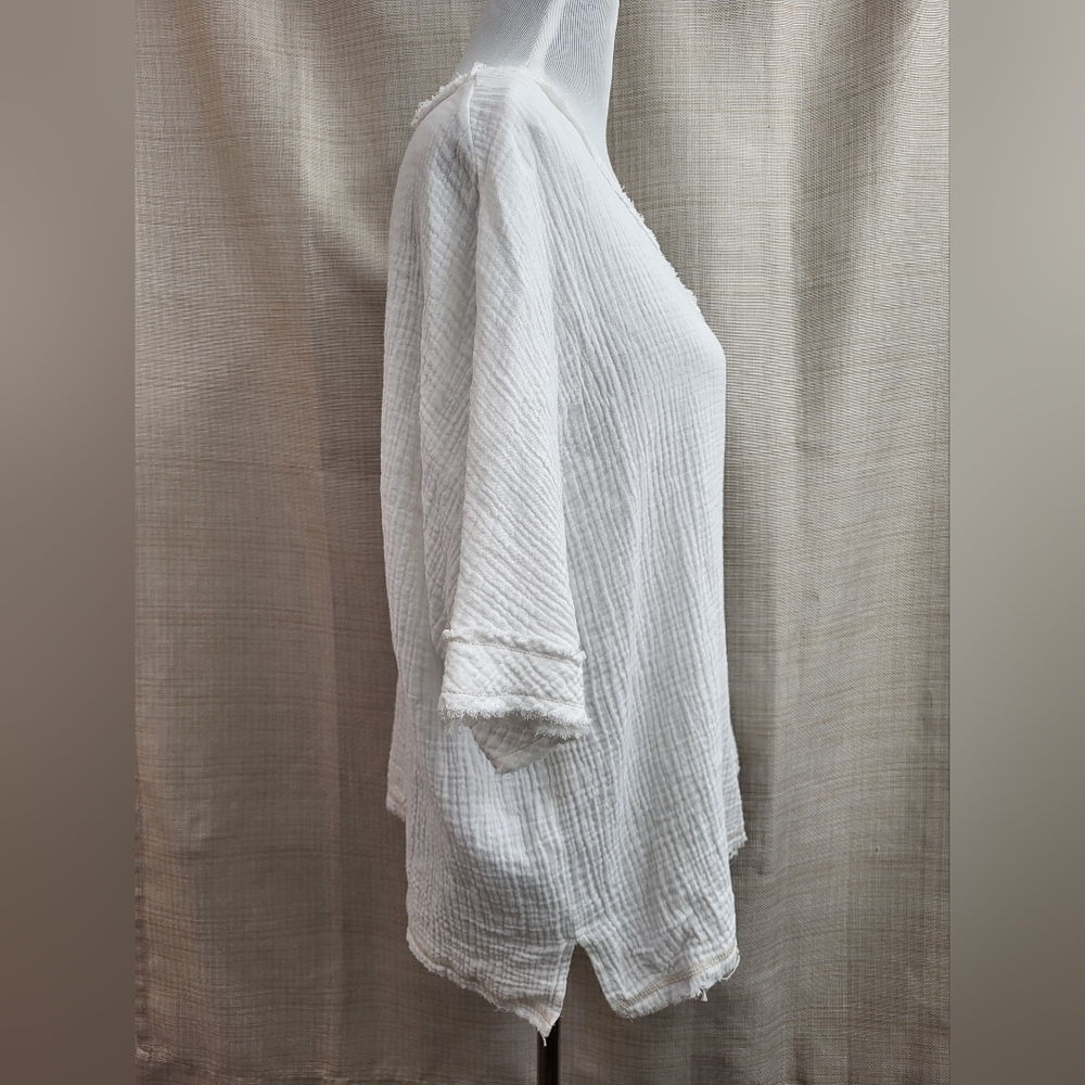 La Miel Women's Shirt White Textured Gauze Short Sleeve Rustic Hem Oversized Sm - Picture 4 of 12